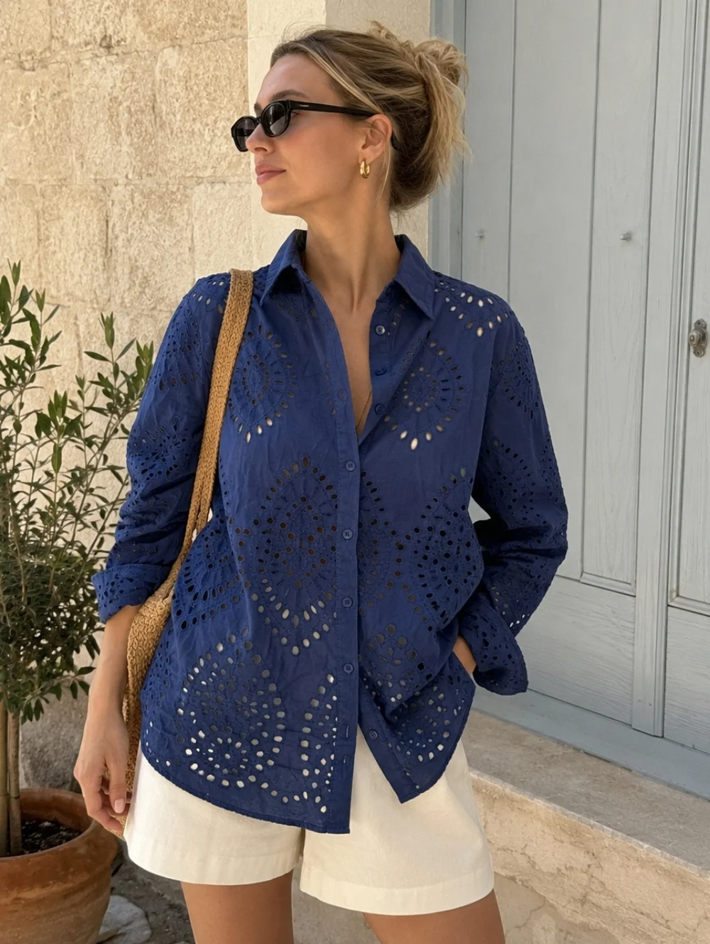 Adiva Navy Eyelet Button Down Shirt Cotton Boho Cottagecore Beach Cover Up M - Picture 1 of 13